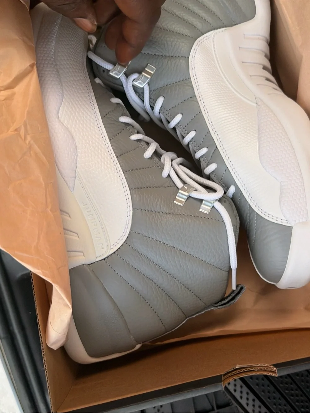 Men's Grey and White Jordan 12 Basketball Sneakers